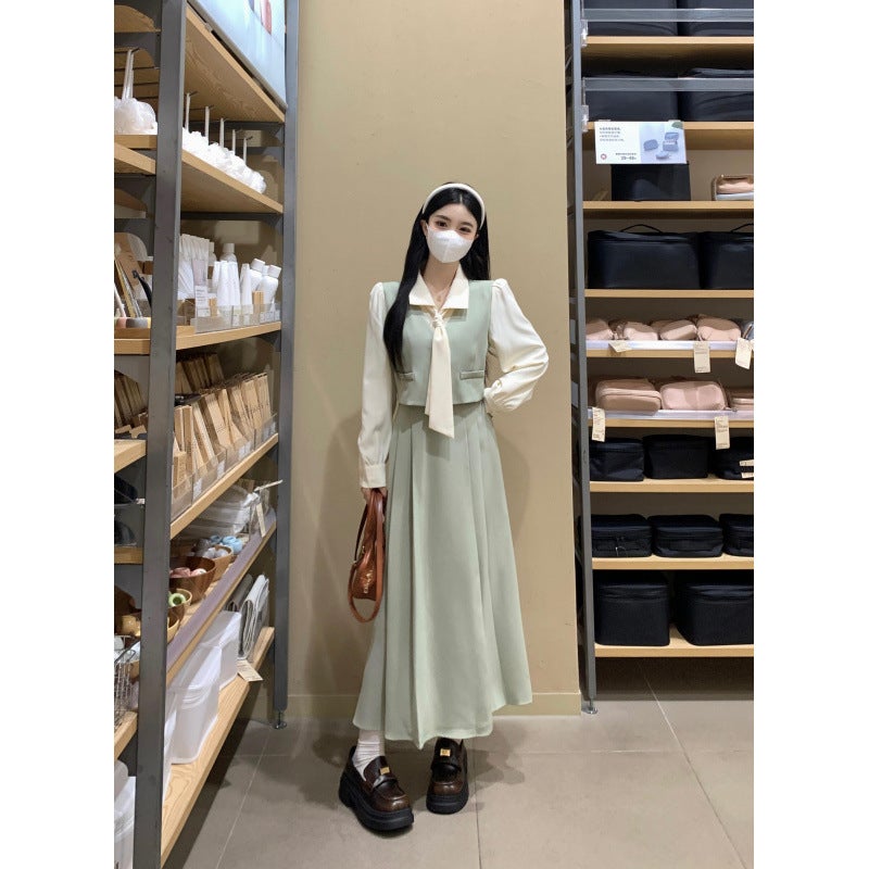 French Retro Daughter Fake Two-piece dress Womens Autumn plus size Chubby Sister Commuter Elegant Slimming Gentle Long Dress Dmj1301 green