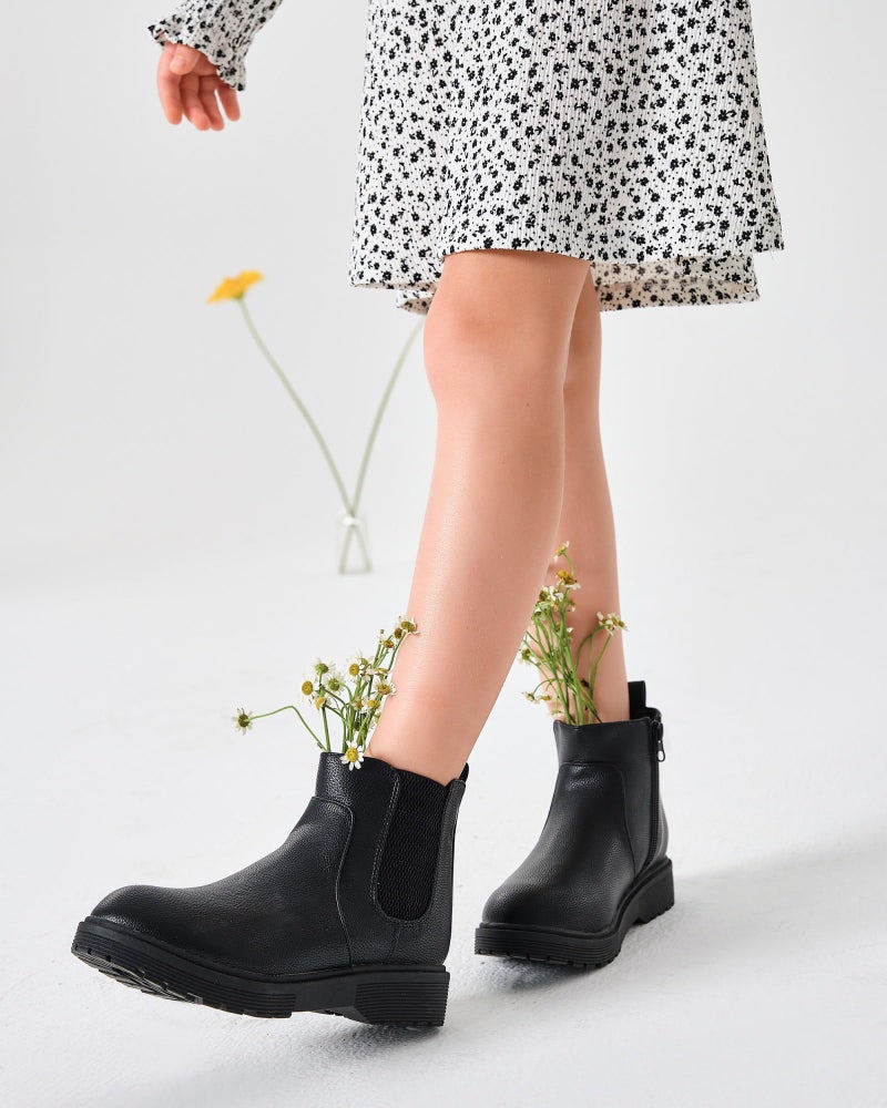 Coutgo Girls Kids Lug Sole Ankle Boots Side Zip Chunky Low Heel Slip On Winter Casual Chelsea Booties Shoes - Image 4