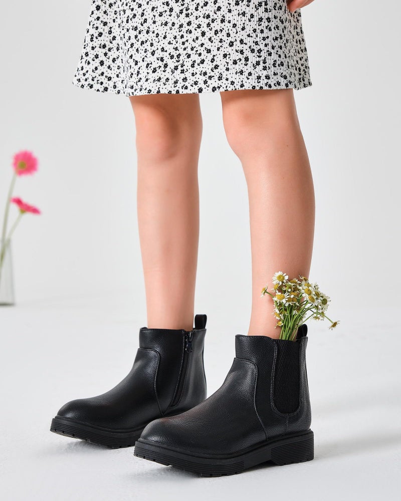 Coutgo Girls Kids Lug Sole Ankle Boots Side Zip Chunky Low Heel Slip On Winter Casual Chelsea Booties Shoes - Image 2