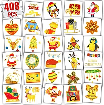 Leesgel Christmas Tattoos for Kids 408pcs Metallic Glitter Tattoo Stickers for Boys Girls Christmas Decorations Supplies Christmas Stocking Fillers Eve Box Sweets Party Bag Games Toys - Image 1