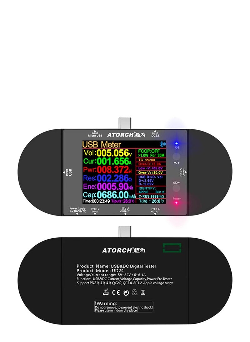 UD24 DC 5-32V 5.1A IPS Color Screen USB Power Meter DC5.5 Type-C Voltage Current USB Tester Digital Multimeter Test Speed of Charger Cables Capacity of Power Bank QC PD 2.0 3.0 - Image 1