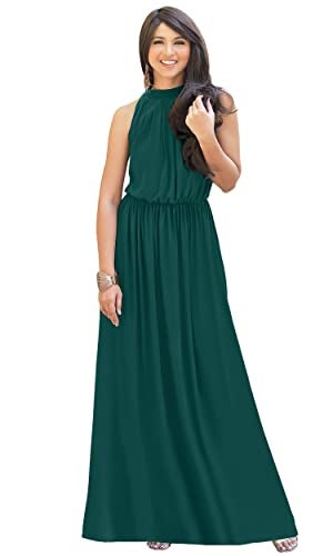 KOH KOH Womens Long Sleeveless Bridesmaid Halter Neck Wedding Party Guest Flowy Slimming Semi Formal Elegant Gala Ball Evening A-line Tall Gown Maxi Dress, Emerald Green L 12-14 - Image 1