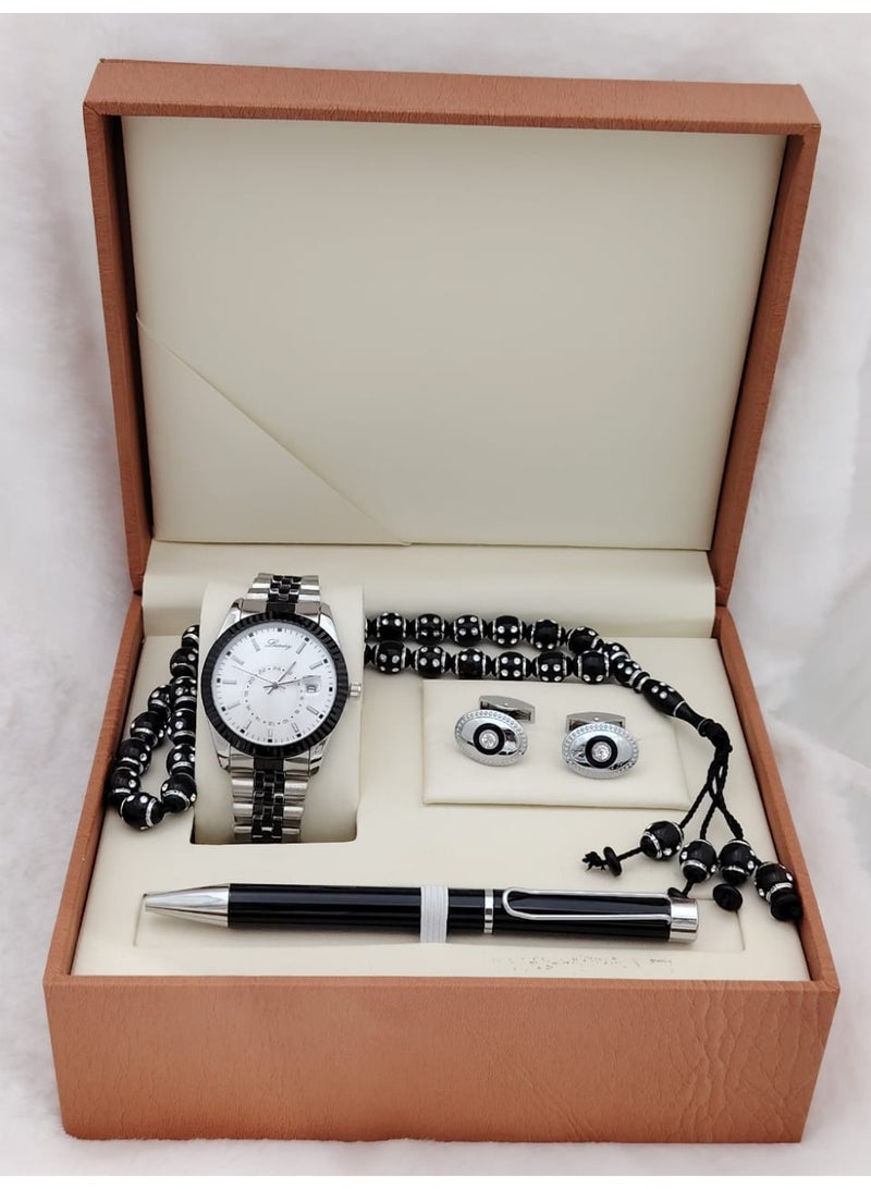 لكجر طقم هدية ساعة رجالية راقية و بجودة عالية ساعة, وقلم, وسبحة, وكبك, سوار فضي وأسود مع ميناء أبيض