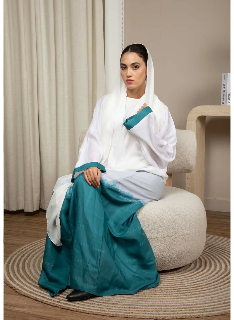 أم سكوير فاشن Linen Fabric Abaya with White and Green Shades with Headscarf