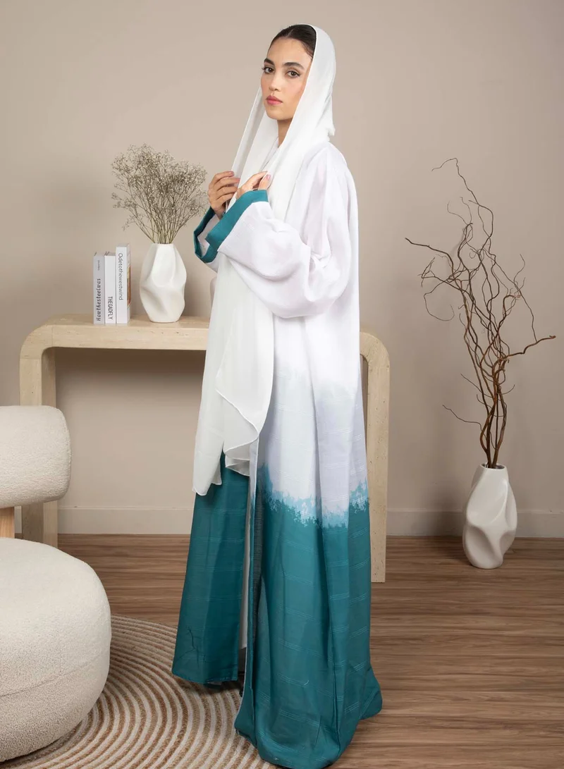 أم سكوير فاشن Linen Fabric Abaya with White and Green Shades with Headscarf