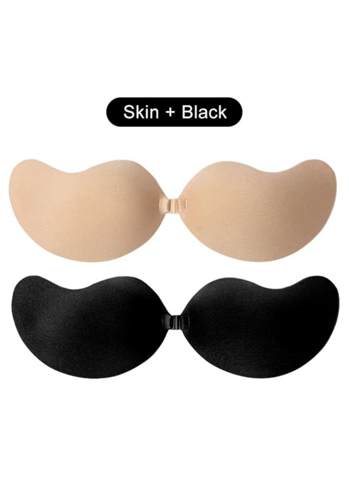Jomo Store Push-Up Self-Adhesive Silicone Strapless Bra - Front Closure, Invisible, 2-Piece Set (Black & Beige) - Image 3