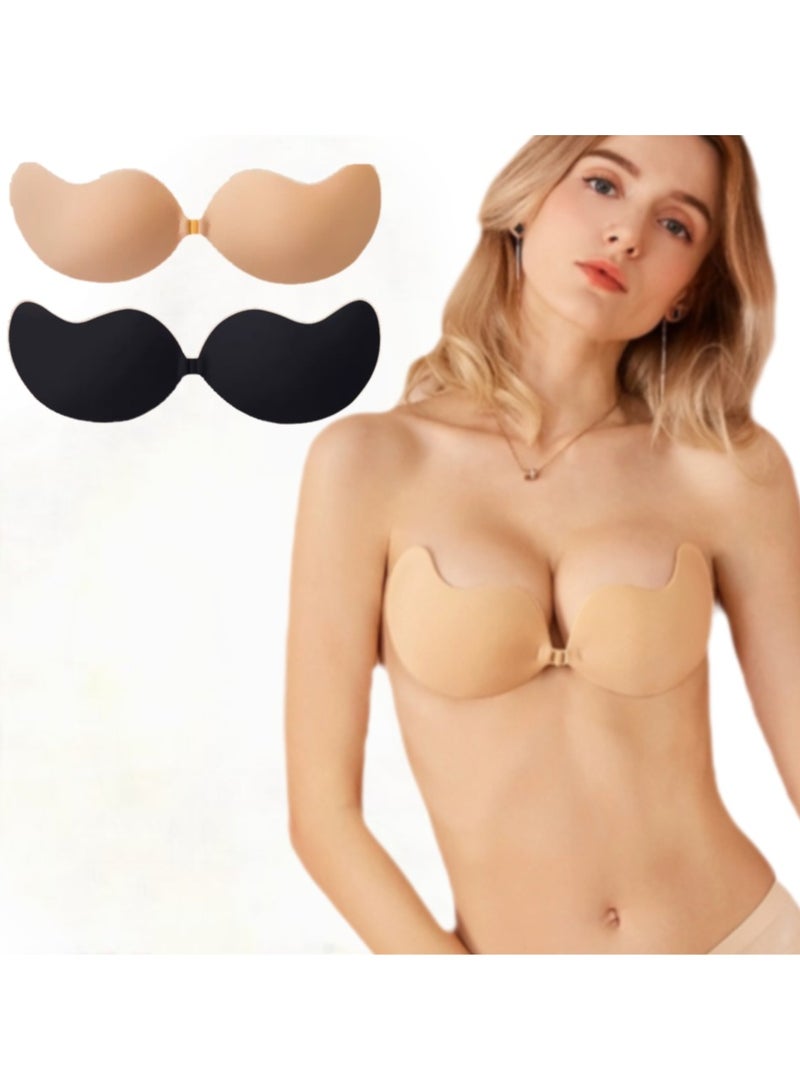 Jomo Store Push-Up Self-Adhesive Silicone Strapless Bra - Front Closure, Invisible, 2-Piece Set (Black & Beige) - Image 2