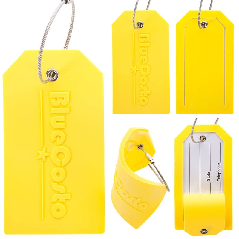 BlueCosto - Luggage Tags - Large, Yellow, 5 PK - PVC Suitcase Tags w/Privacy Cover & Stainless Steel Wire Loops - Personalized Baggage Identifiers for Travel - Backpack Name Labels - Image 1