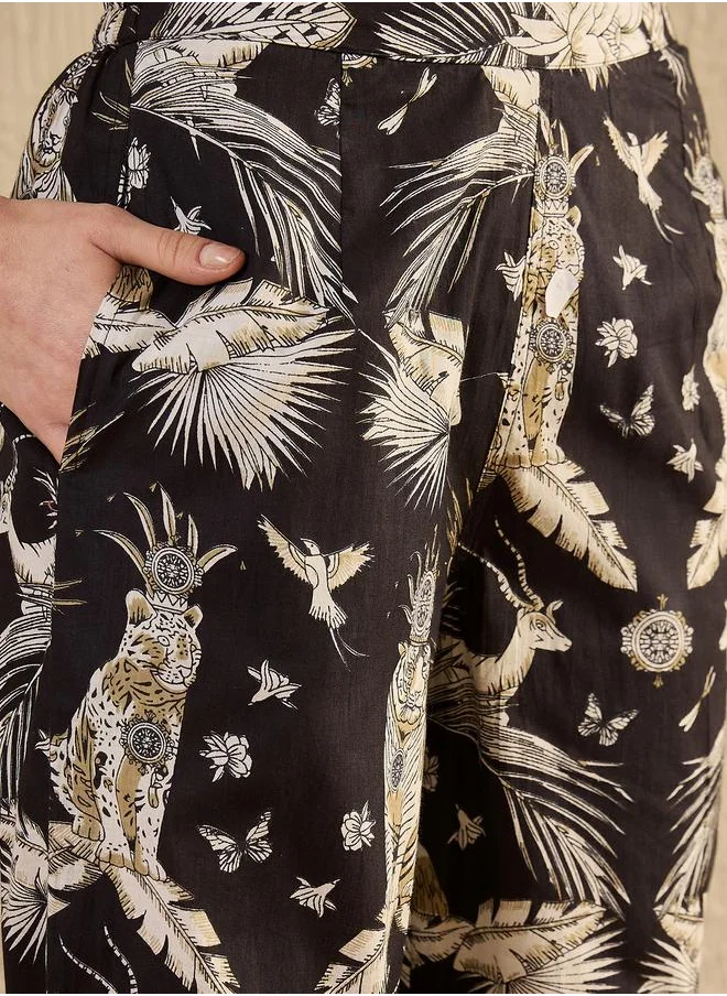 سانسكريتي هومز Sanskrutihomes Black All-Over Print Short Sleeve Cotton Top and Pyjama Set