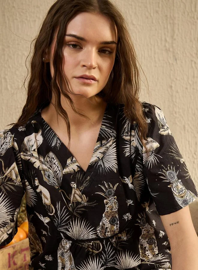 sanskrutihomes Sanskrutihomes Black All-Over Print Short Sleeve Cotton Top and Pyjama Set