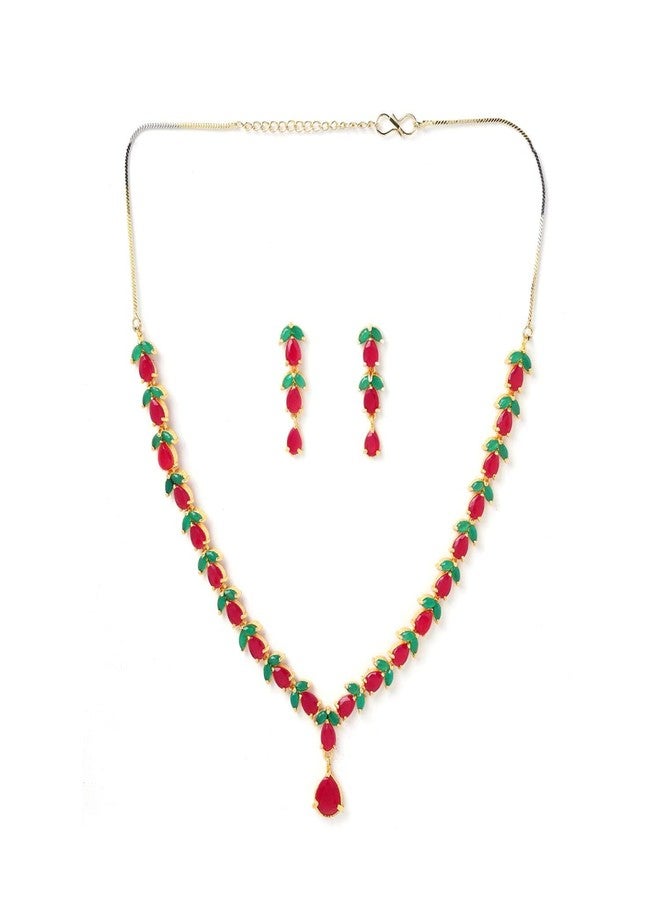 KENNICE Gold-Plated Red Green American Diamond Necklace with Earrings Jewellery Set For Women & Girls - Image 1