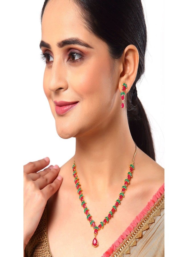 KENNICE Gold-Plated Red Green American Diamond Necklace with Earrings Jewellery Set For Women & Girls - Image 4