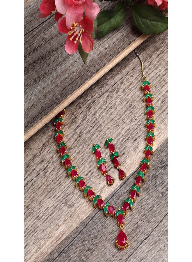 KENNICE Gold-Plated Red Green American Diamond Necklace with Earrings Jewellery Set For Women & Girls - Image 2