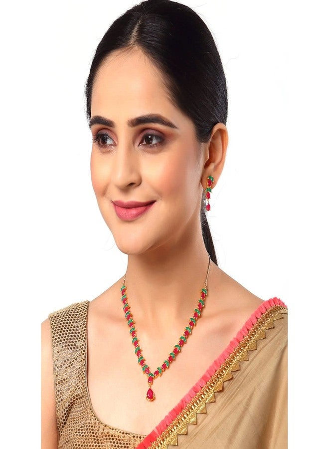 KENNICE Gold-Plated Red Green American Diamond Necklace with Earrings Jewellery Set For Women & Girls - Image 3