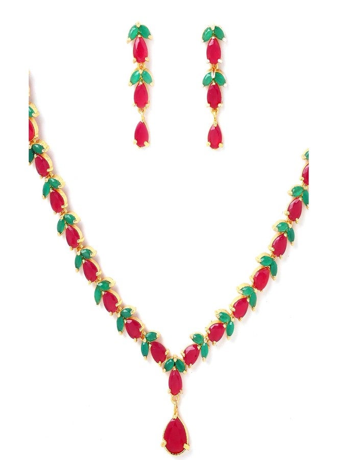 KENNICE Gold-Plated Red Green American Diamond Necklace with Earrings Jewellery Set For Women & Girls - Image 5