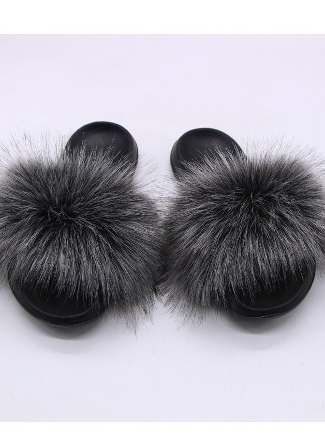 Loquat Women Stylish Casual Faux Fur Open Toe Flat Slippers Sandals Non Slip Homewear Shoes