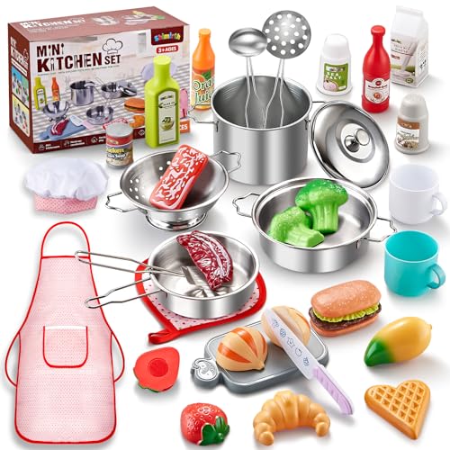 Shimirth 37PCS Pretend Play Kitchen Accessories Kids Kitchen Playset Stainless Steel Play Pots and Pans Sets for Kids Apron Chef Hat Cooking Utensils Play Food Kitchen Toys Gift for Boys Girls - Image 1
