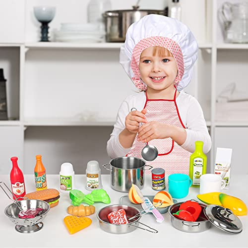 Shimirth 37PCS Pretend Play Kitchen Accessories Kids Kitchen Playset Stainless Steel Play Pots and Pans Sets for Kids Apron Chef Hat Cooking Utensils Play Food Kitchen Toys Gift for Boys Girls - Image 5