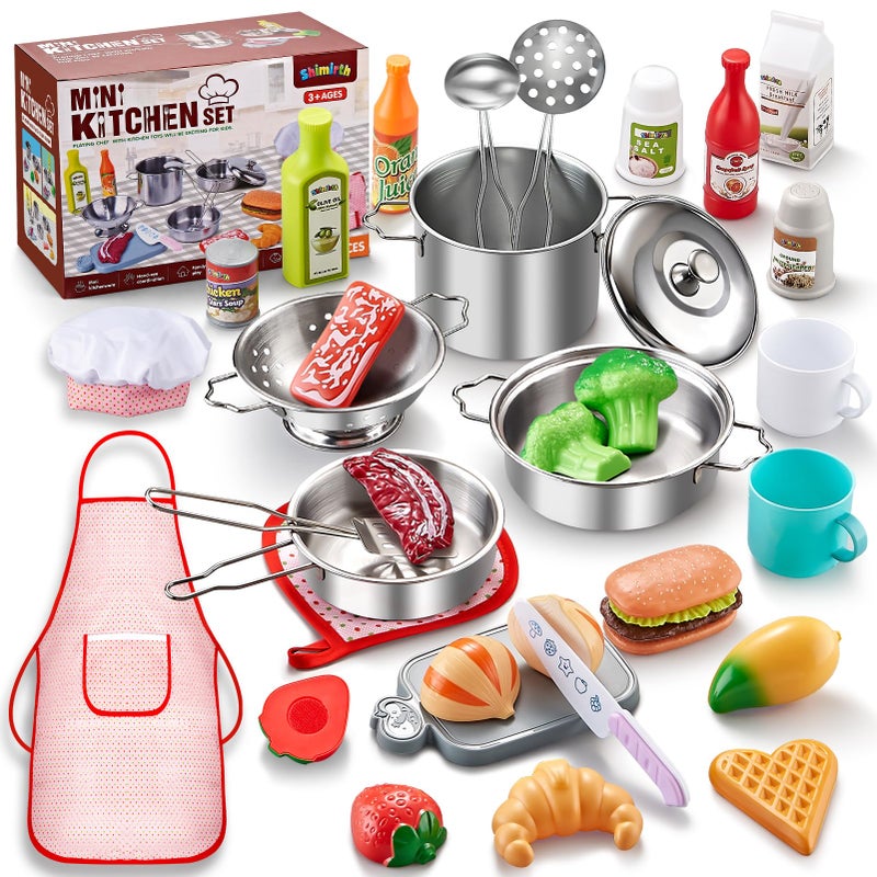 Shimirth 37PCS Pretend Play Kitchen Accessories Kids Kitchen Playset Stainless Steel Play Pots and Pans Sets for Kids Apron Chef Hat Cooking Utensils Play Food Kitchen Toys Gift for Boys Girls - Image 3