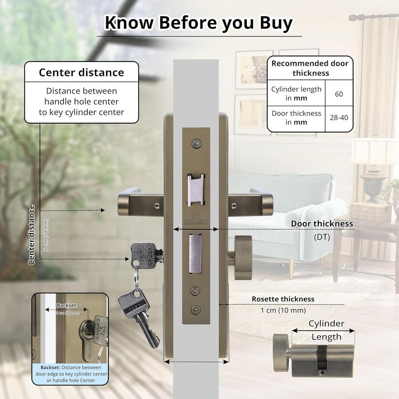 BlueSpace Premium 8" Cylindrical Plate Mortise Door Lock Handle Set with Brass Lock Body, 60mm Cylinder, One Side Key, 3 Computer Keys (LB304, Antique) - Image 4