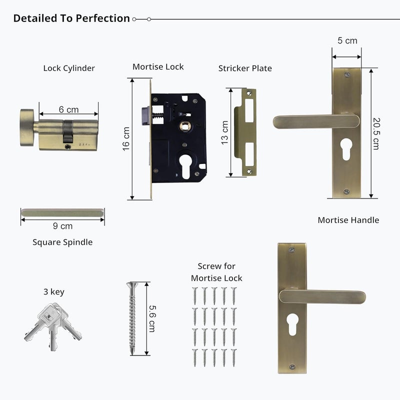 BlueSpace Premium 8" Cylindrical Plate Mortise Door Lock Handle Set with Brass Lock Body, 60mm Cylinder, One Side Key, 3 Computer Keys (LB304, Antique) - Image 5
