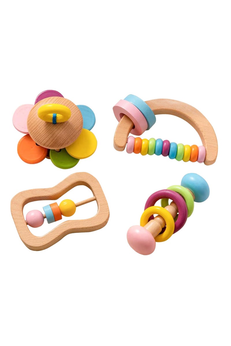 4 PCS Wooden Baby Rattle, Organic Colorful Baby Rattles Set, Wood Rattles for Babies 0-6-12 Months, Wooden Teether Crochet Rattle Toy for Infant Newborn - Image 1