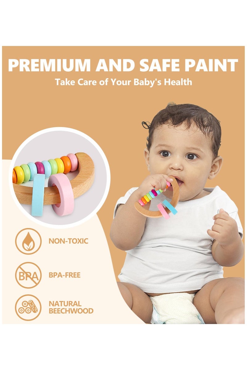 4 PCS Wooden Baby Rattle, Organic Colorful Baby Rattles Set, Wood Rattles for Babies 0-6-12 Months, Wooden Teether Crochet Rattle Toy for Infant Newborn - Image 2