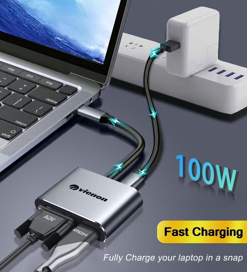 VIENON USB C to HDMI VGA Adapter for Dual Monitor, 4 in 1 USB C Hub with 4K HDMI, 1080P VGA, USB 3.0 5Gbps, 100W PD Compatible for MacBook Air/Pro, Dell XPS, Surface, iMac More - Image 5