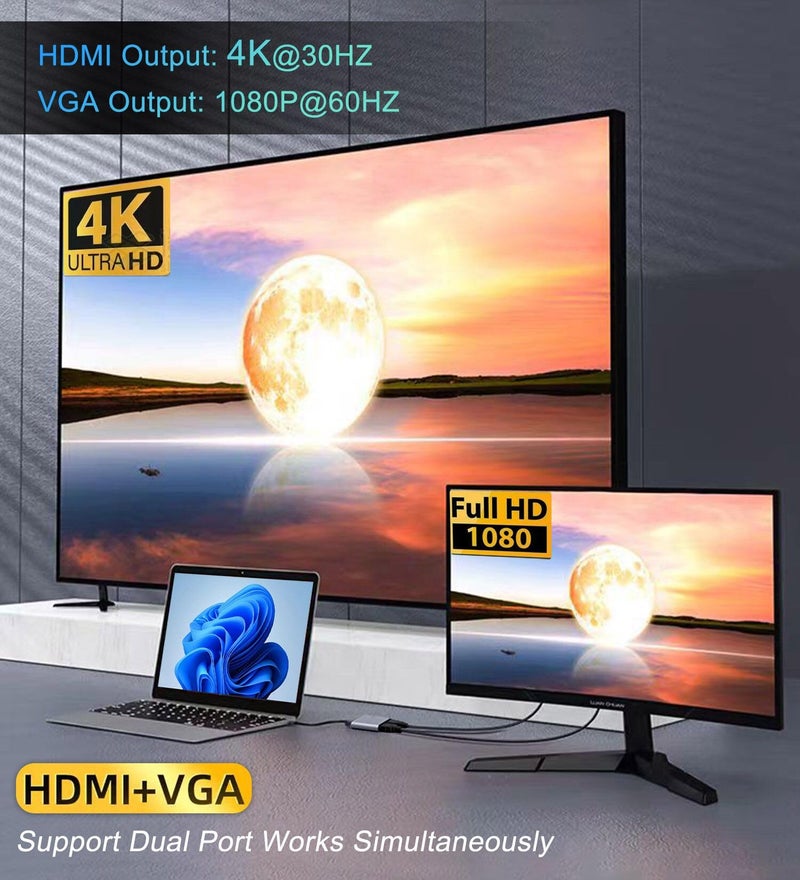 VIENON USB C to HDMI VGA Adapter for Dual Monitor, 4 in 1 USB C Hub with 4K HDMI, 1080P VGA, USB 3.0 5Gbps, 100W PD Compatible for MacBook Air/Pro, Dell XPS, Surface, iMac More - Image 3