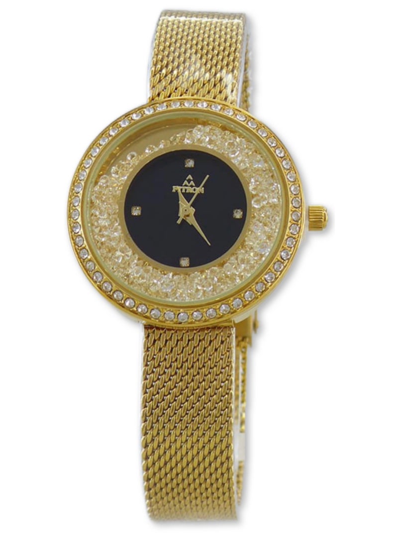 Fitron - Ladies Wrist Watch with Black Dial and Moving Stones - Image 1