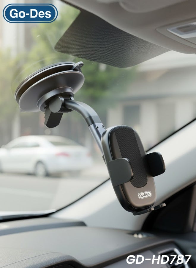 Go-Des Suction Cup Mobile Holder, Strong Windshield & Dashboard Phone Stand, 360° Rotation, Adjustable Arm, Anti-Shake Grip, Universal Car Mount for Smartphones GD-HD787 - Image 1
