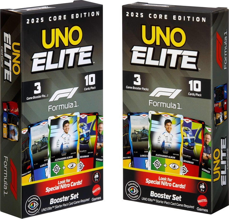 ماتيل جيمز - UNO Elite Formula 1 Booster Set، يتضمن مجموعتين من ثلاث حزم تعزيز اللعبة، كل منها تحتوي على 10 بطاقات Elite Action ليصبح المجموع 60 بطاقة إضافية، من سن 7 سنوات فما فوق، JLV45 - Image 1