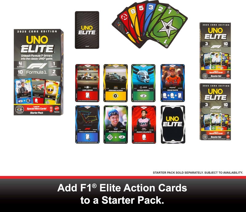 ماتيل جيمز - UNO Elite Formula 1 Booster Set، يتضمن مجموعتين من ثلاث حزم تعزيز اللعبة، كل منها تحتوي على 10 بطاقات Elite Action ليصبح المجموع 60 بطاقة إضافية، من سن 7 سنوات فما فوق، JLV45 - Image 3