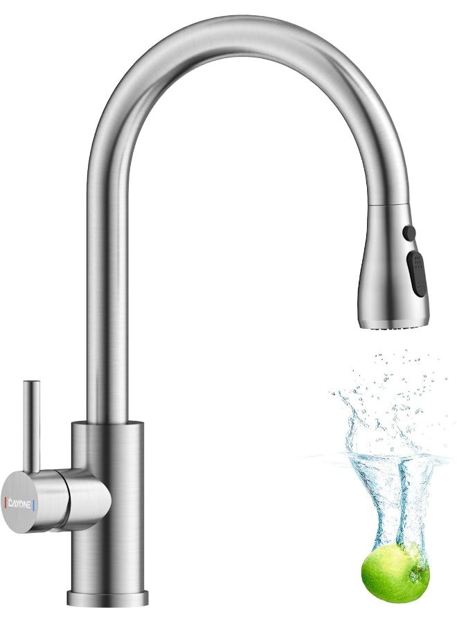 DAYONE DAYONE Kitchen Faucet Mixer with Pull Down Sprayer Brushed Nickel, Kitchen Tap with 3 Water Modes for Sink, Single Handle High Arc Kitchen Faucets Stainless Steel  - Image 1
