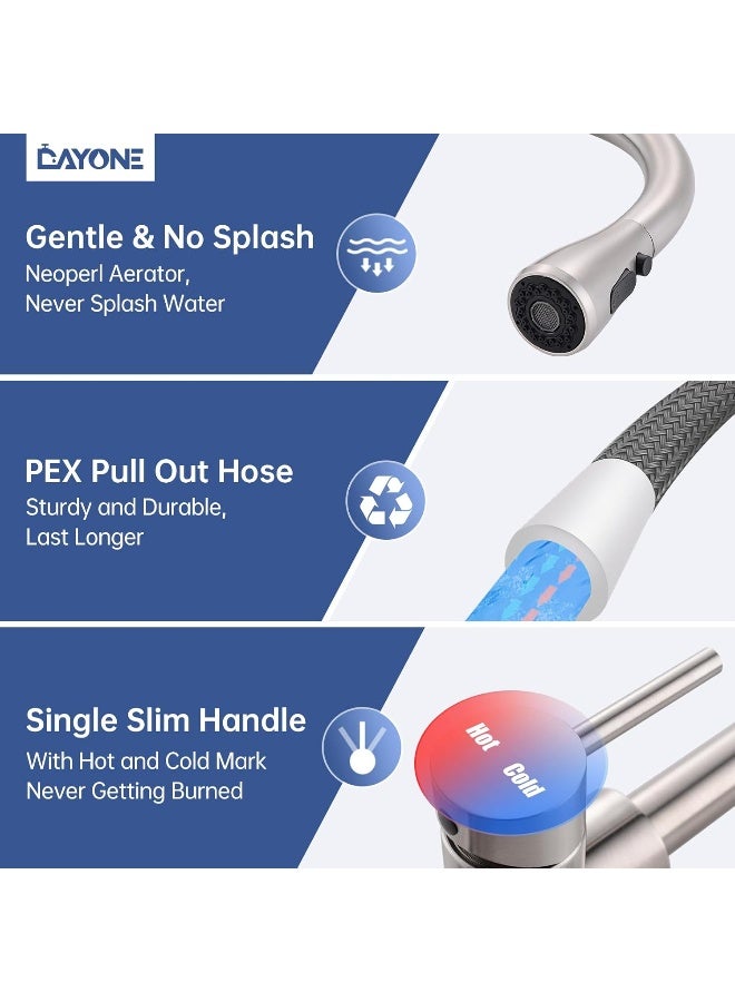DAYONE DAYONE Kitchen Faucet Mixer with Pull Down Sprayer Brushed Nickel, Kitchen Tap with 3 Water Modes for Sink, Single Handle High Arc Kitchen Faucets Stainless Steel  - Image 3