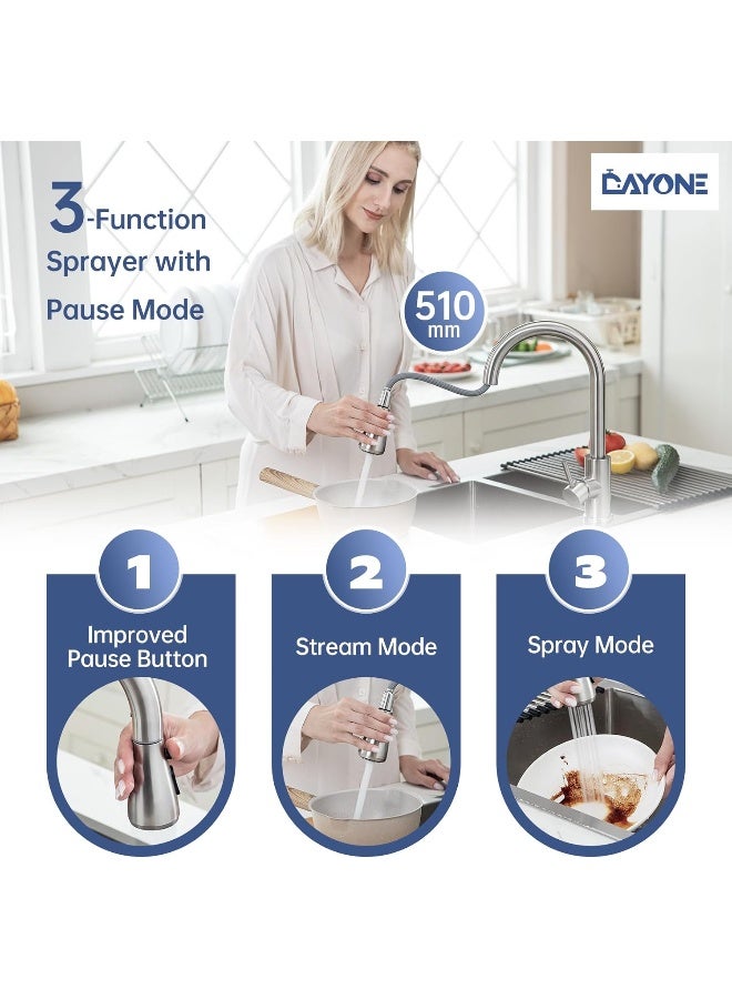 DAYONE DAYONE Kitchen Faucet Mixer with Pull Down Sprayer Brushed Nickel, Kitchen Tap with 3 Water Modes for Sink, Single Handle High Arc Kitchen Faucets Stainless Steel  - Image 2