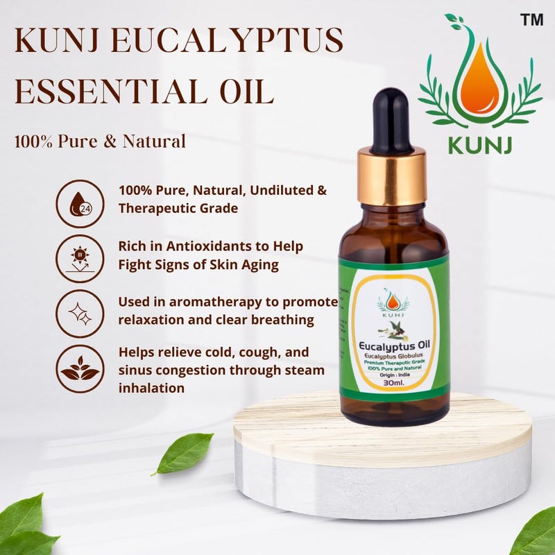 KUNJ Eucalyptus Essential Oil (Eucalyptus globulus) 100% Pure & Natural Undiluted Therapeutic Grade, For Healthy Skin, Hair, and Body - Revitalizing & Nourishing Care for Face - 100ml - Image 2