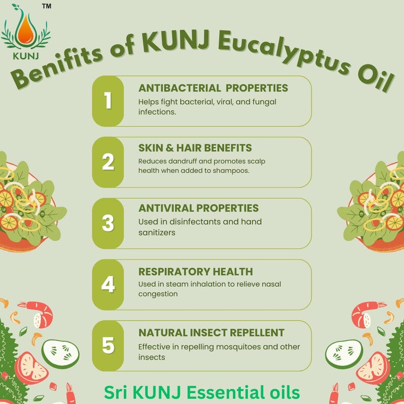 KUNJ Eucalyptus Essential Oil (Eucalyptus globulus) 100% Pure & Natural Undiluted Therapeutic Grade, For Healthy Skin, Hair, and Body - Revitalizing & Nourishing Care for Face - 100ml - Image 5
