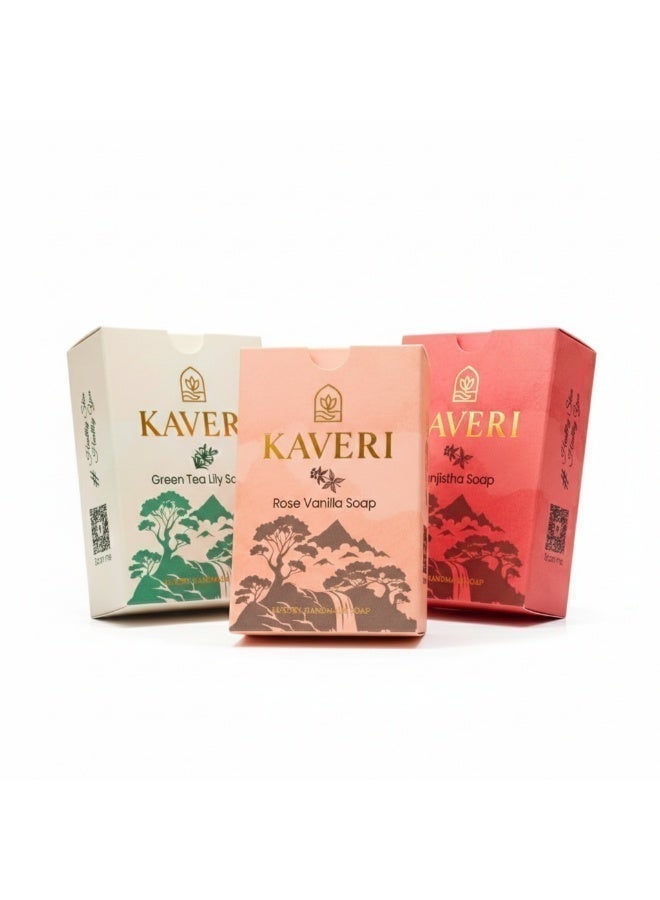 KAVERI Handmade Soap Combo – Rose Vanilla, Manjistha & Green Tea Lily | Handmade with Natural Oils for Healthy Skin | 3 × 110 g - Image 1
