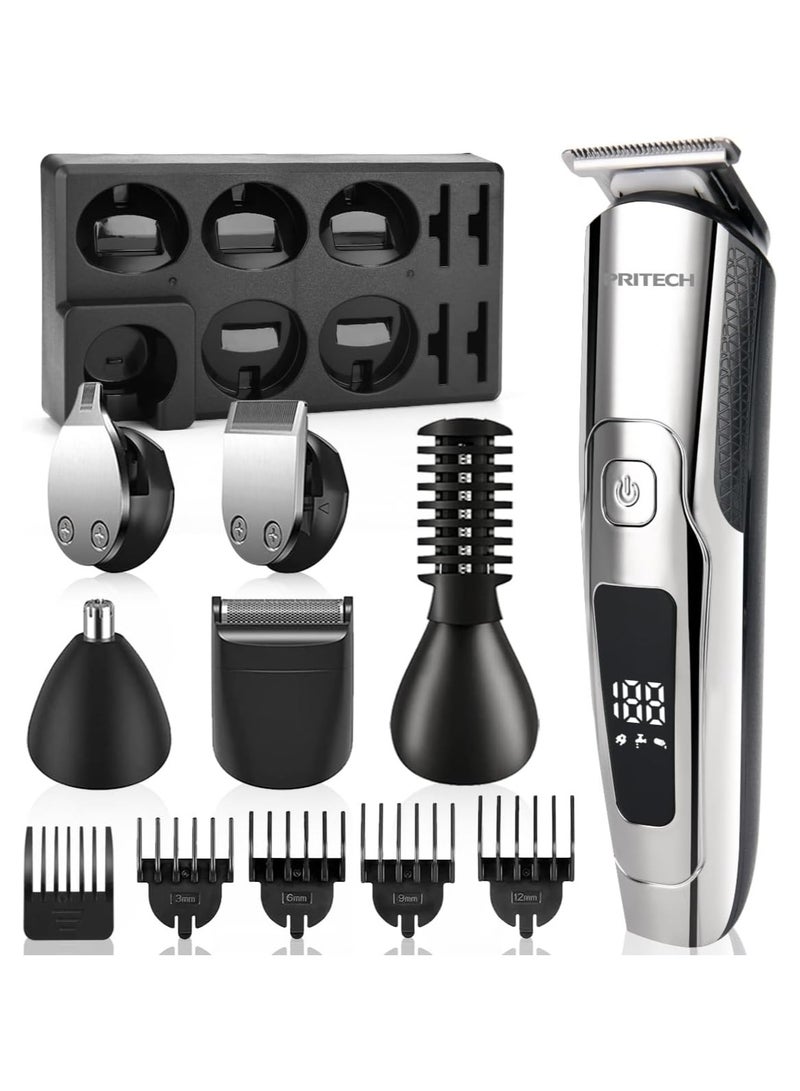 pritech Beard Trimmer for Men Electric Hair Clipper Cordless Mens Grooming 6 in 1 Kit, Hair Trimmer & Mustache Trimmer & Nose Hair Trimmer& Foil Trimmer with Waterproof USB Rechargeable & LED Display - Image 1
