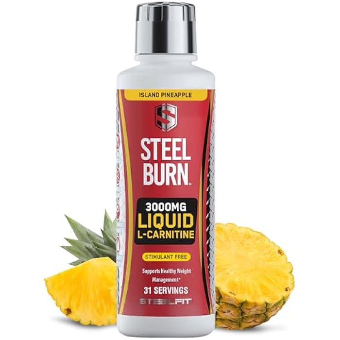 SteelFit Steel Burn, Premium Liquid L-Carnitine, 3000mg - Stimulant-Free & Clean Workout Drink for Men & Women Supports Healthy Weight Loss Management & Fat Metabolism - 31 Servings, Island Pineapple - Image 1