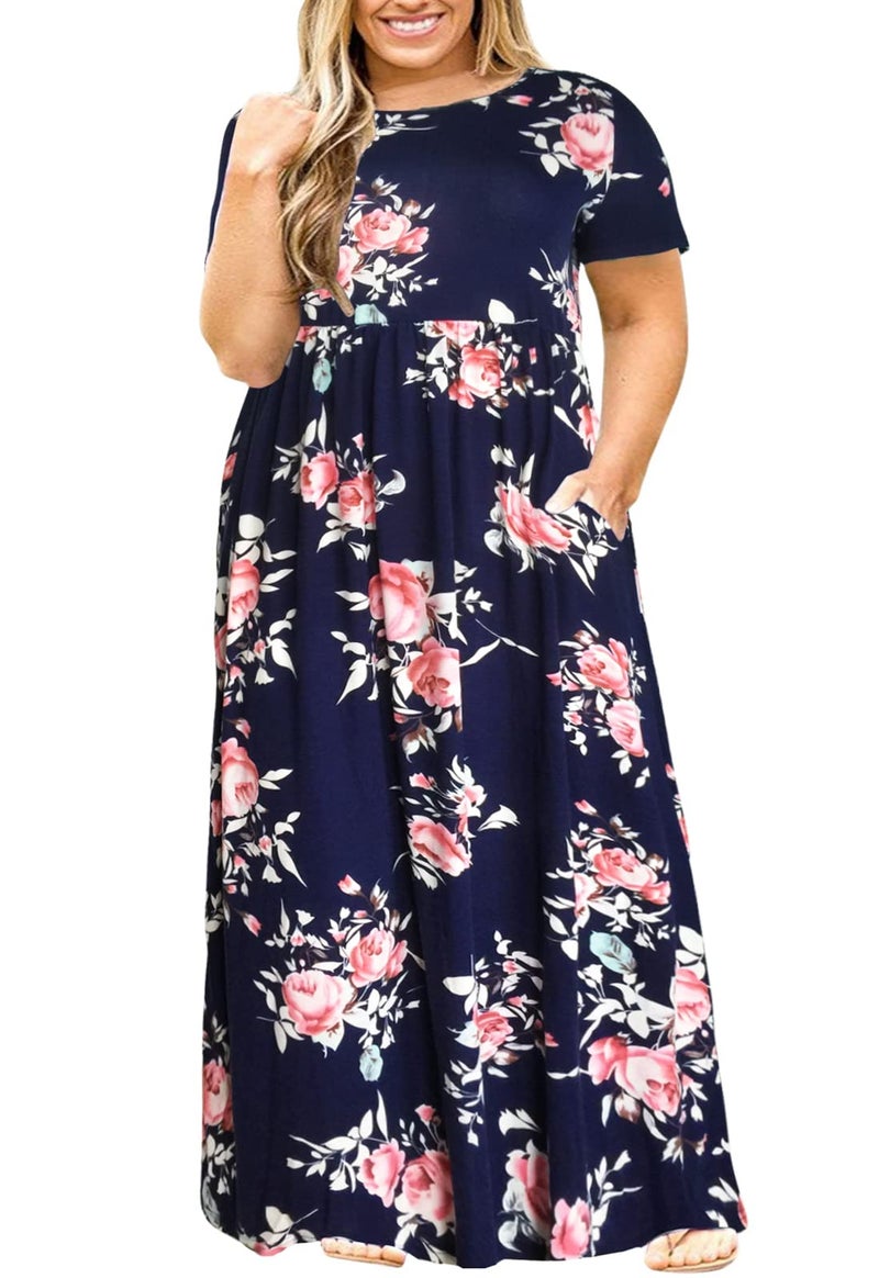 Nemidor Plus Size Maxi Dresses for Curvy Women Summer Casual Loose Short Sleeve Long Beach Dress with Pocket14922143NavyPrint