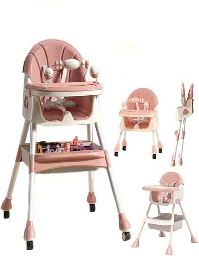 4 In 1 Convertible Dining Chair With Height Adjustment And Footrest - Baby And Toddler Feeding Booster Seat With Tray, Wheels, Safety Belt And Pillow For 6 Months To 4 Years Old  - Image 1