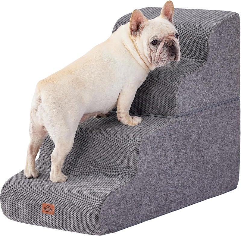 MASSFU Gray Curved Dog Stairs Ramp for High Beds 22.8" H, 4-Step Dog Steps for Small Dogs and Cats, Pet Stairs for High Bed Climbing, Non-Slip Balanced Pet Step - Image 1