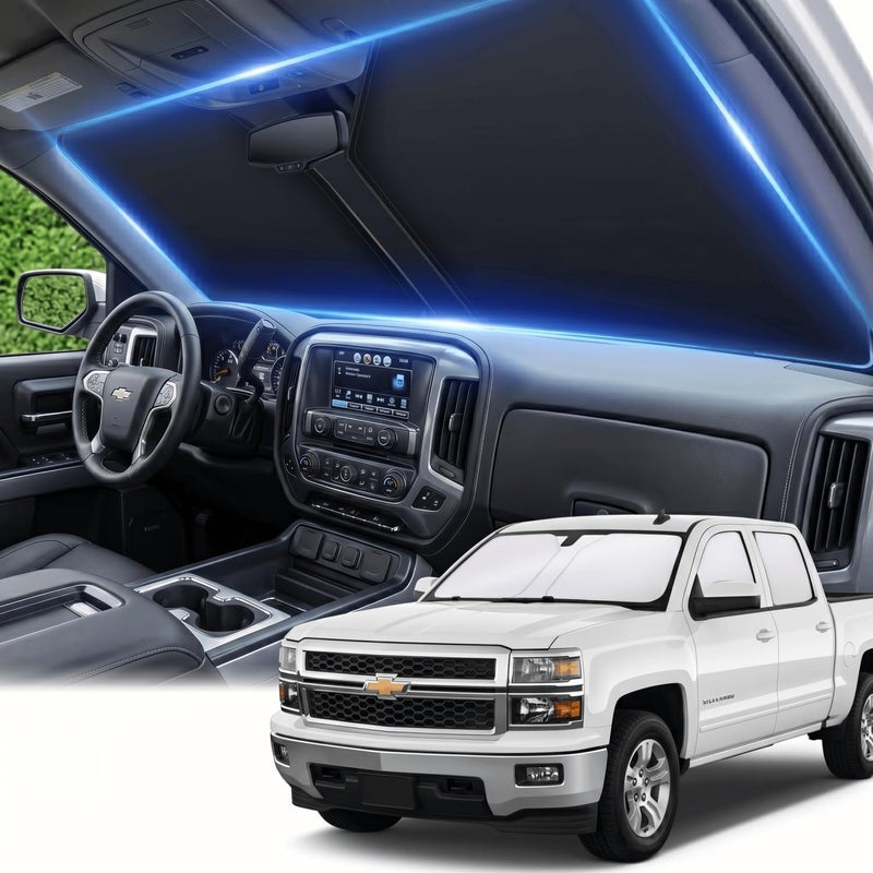 AuyNeas Windshield Sun Shade for Chevy/Chevrolet Silverado 1500 Accessories 2014-2018 Front Window Shade Custom Fit Silverado 1500 Sun Visor Foldable Shade Blocks UV Rays Summer Must Have Car Accessories - Image 1