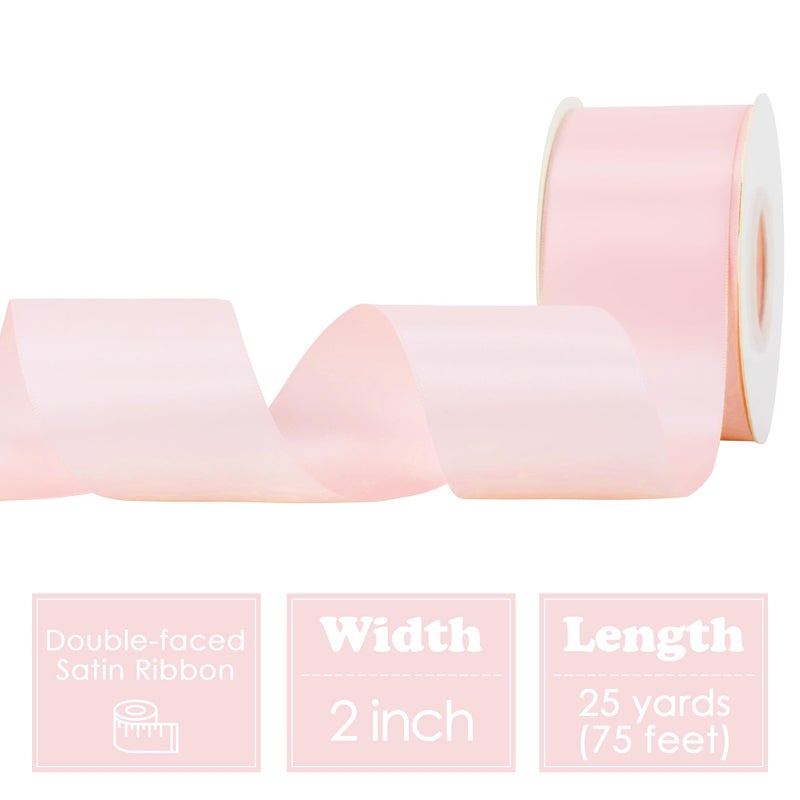 HUIHUANG Pink Ribbon 2 inch Wide Double-Faced Baby Pink Satin Silk Ribbon for Flower Bouquet Wrap, Baby Shower, Wedding Decor, Gift Wrapping, Hairs, Hats, Crafts and Bows Making- 25 Yards/Roll - Image 2