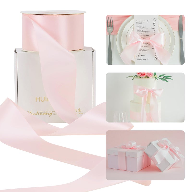 HUIHUANG Pink Ribbon 2 inch Wide Double-Faced Baby Pink Satin Silk Ribbon for Flower Bouquet Wrap, Baby Shower, Wedding Decor, Gift Wrapping, Hairs, Hats, Crafts and Bows Making- 25 Yards/Roll - Image 1