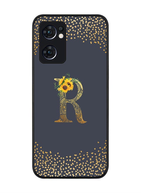 Rugged Black edge case for Oppo Find X5 Lite, Slim fit Cover - Custom Monogram Initial Letter Floral Pattern Alphabet - R (Grey )
