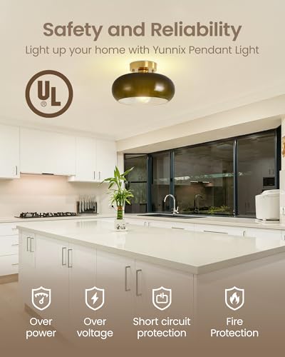 Yunnix Semi Flush Mount Ceiling Light, Gold Light Fixture, Mid-Century Modern Farmhouse Green Glass Small Light Fixtures for Hallway, Bathroom, Kitchen, Bedroom, Living Room, Closet, Laundry(11 Inch) - Image 5