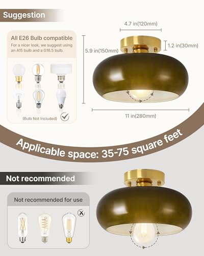 Yunnix Semi Flush Mount Ceiling Light, Gold Light Fixture, Mid-Century Modern Farmhouse Green Glass Small Light Fixtures for Hallway, Bathroom, Kitchen, Bedroom, Living Room, Closet, Laundry(11 Inch) - Image 3